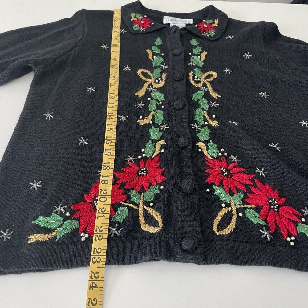 Vtg Victoria Jones Christmas Cardigan Sweater Black Embroidered Beaded Size S - Picture 10 of 10